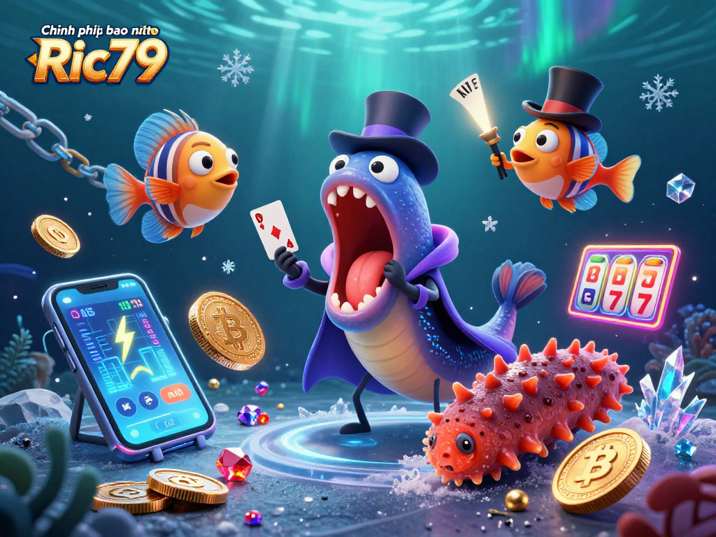Engaging illustration of Chính sách bảo mật Ric79 showcasing a gulper eel magician, anglerfish, and a sea cucumber in a casino setting