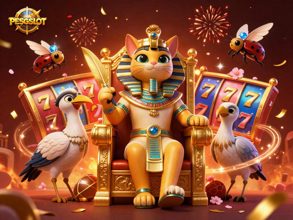 PESGSLOT showcases a vibrant 3D casino scene with an Egyptian pharaoh cat and dynamic slot elements.