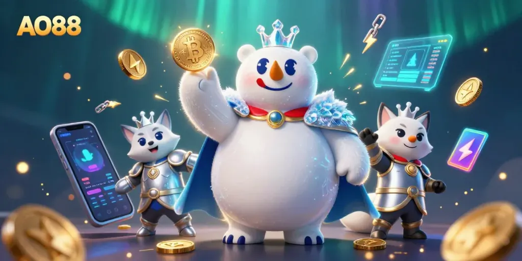 Engage with AO88's exquisite 3D casino illustration showcasing crypto elements and royal characters in a dynamic scene.