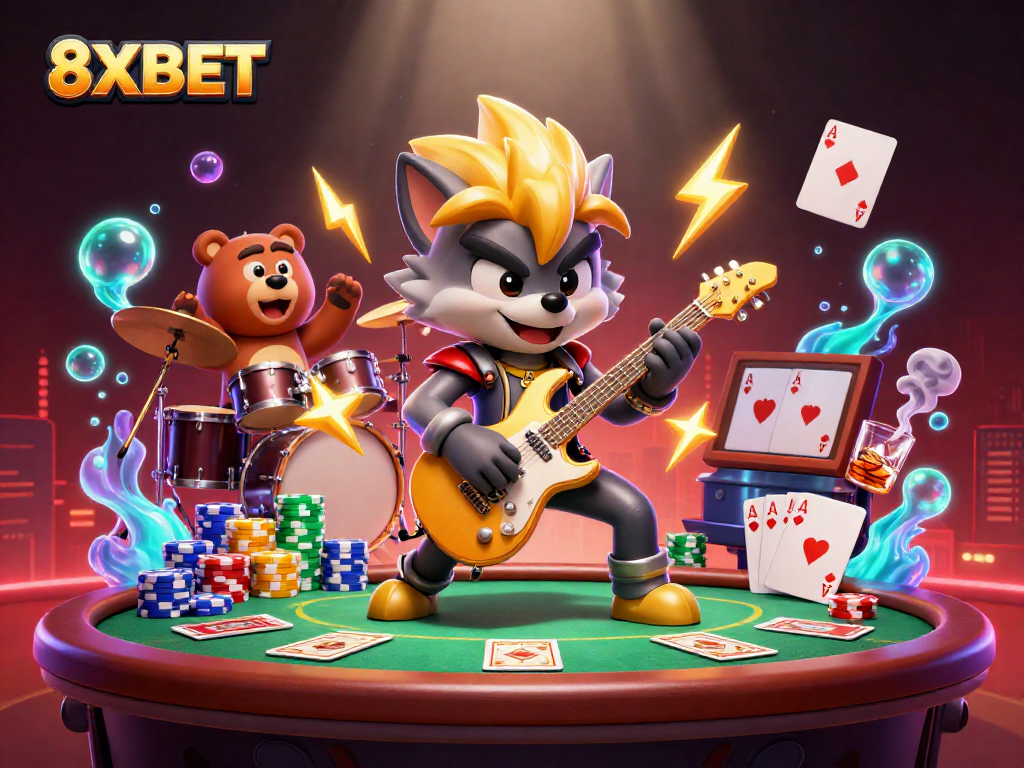 Join the excitement at 8XBET as a rock star wolf and drummer bear bring vibrant casino energy to life.