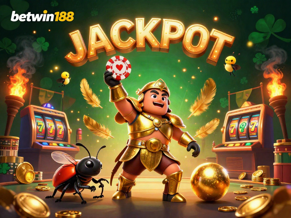 Engage in thrilling moments with betwin188 as a hercules beetle celebrates a big win surrounded by casino elements.