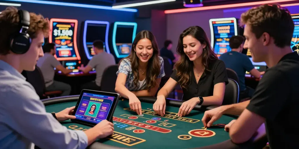 Wolfbet Bonus official Page at a modern crypto casino with players and vibrant promotions.