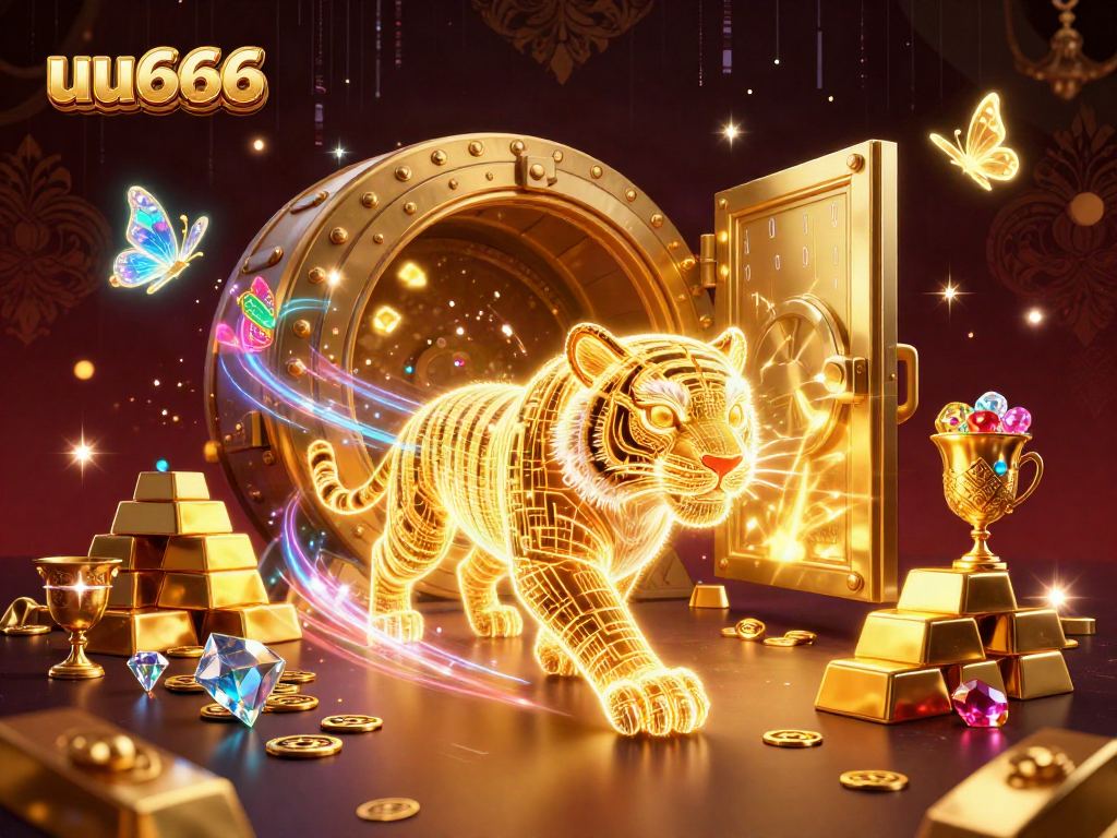 Experience the thrill of uu666 with a neon-wireframe golden tiger navigating a dazzling casino.