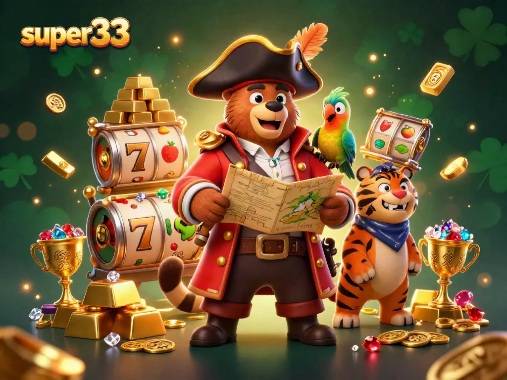 Experience the excitement of super33 with vibrant slot reels, treasures, and animated characters.