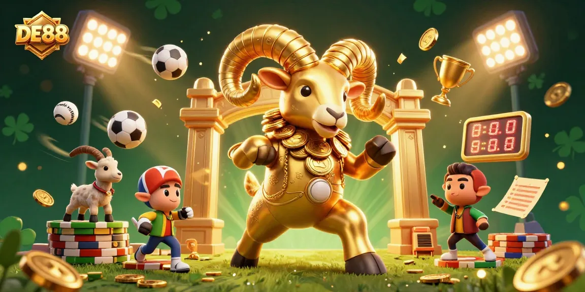 Win big with DE88 in a vibrant casino-themed 3D illustration, featuring a golden ram and dynamic sports elements.