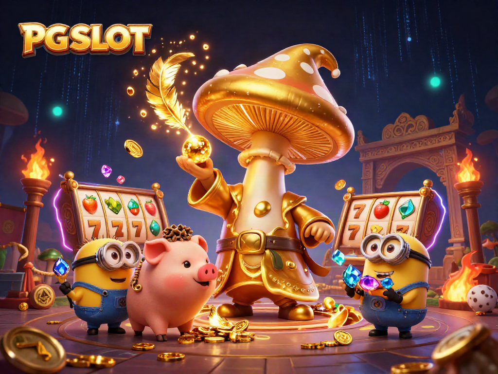 Engage in PG SLOT with a dynamic scene of a magical mushroom wizard and treasure-hunting pig.