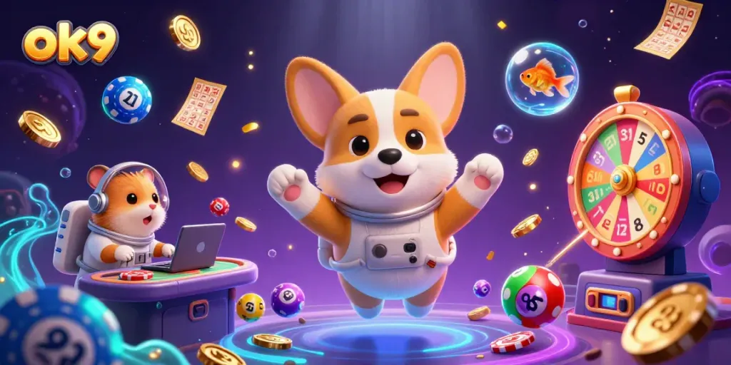 Play exciting games at ok9 casino with floating characters and vibrant gambling elements surrounding them.