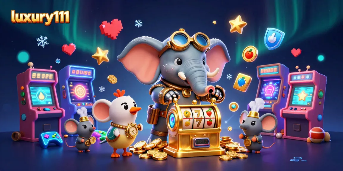 Experience luxury111 with an energetic steampunk casino scene featuring a slot machine and characters in action.