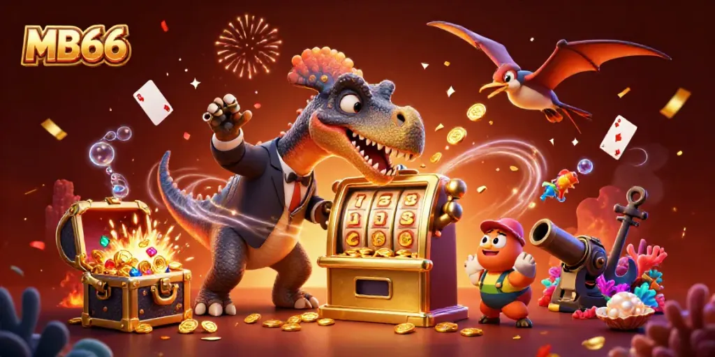 MB66 slot machine scene with cartoon dinosaurs winning coins in a vibrant casino atmosphere.