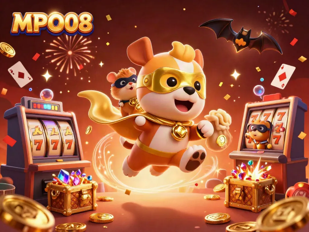 Experience the thrill of MPO08 with a superhero dog and treasures in a vibrant casino scene.