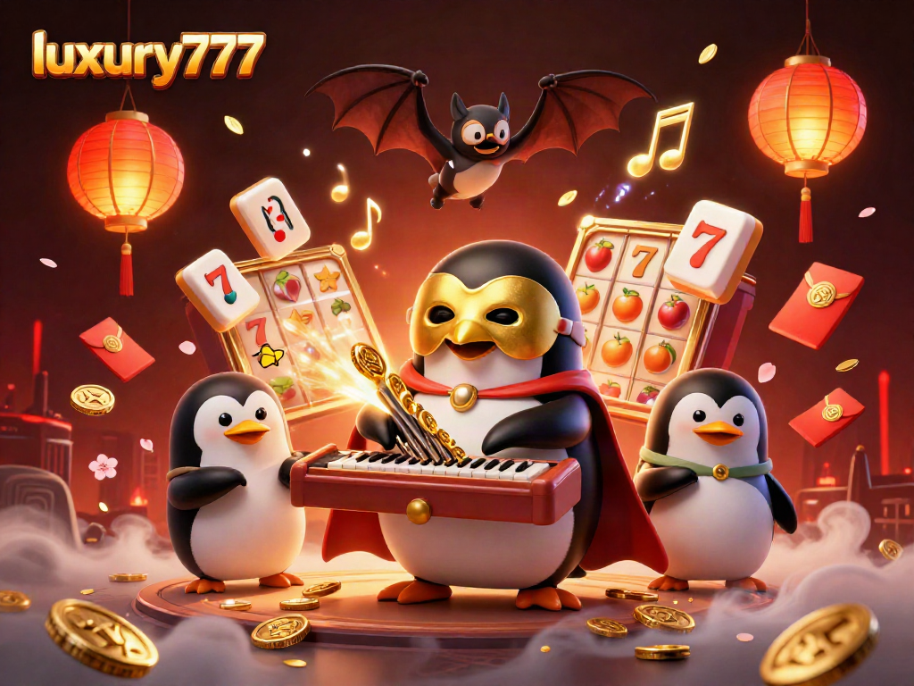 Slot dan simbol keberuntungan dalam gambar luxury777 yang ceria di kasino.