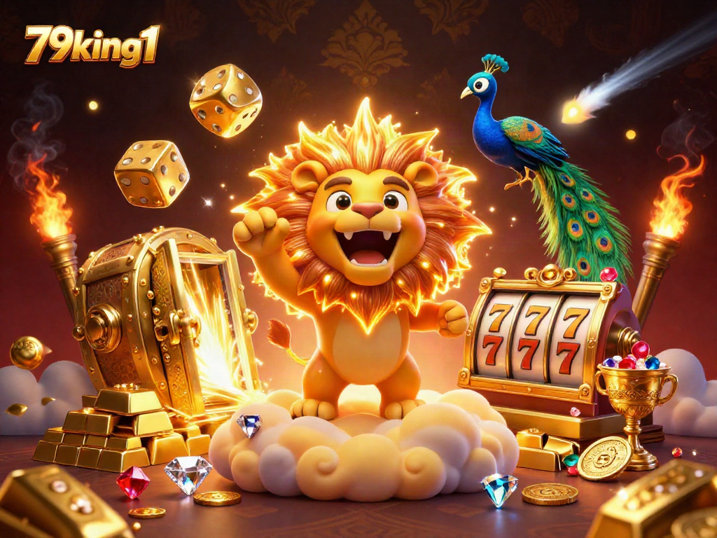 Spin the reels with 79king1 amidst golden treasures and vibrant casino elements in this stunning 3D scene.
