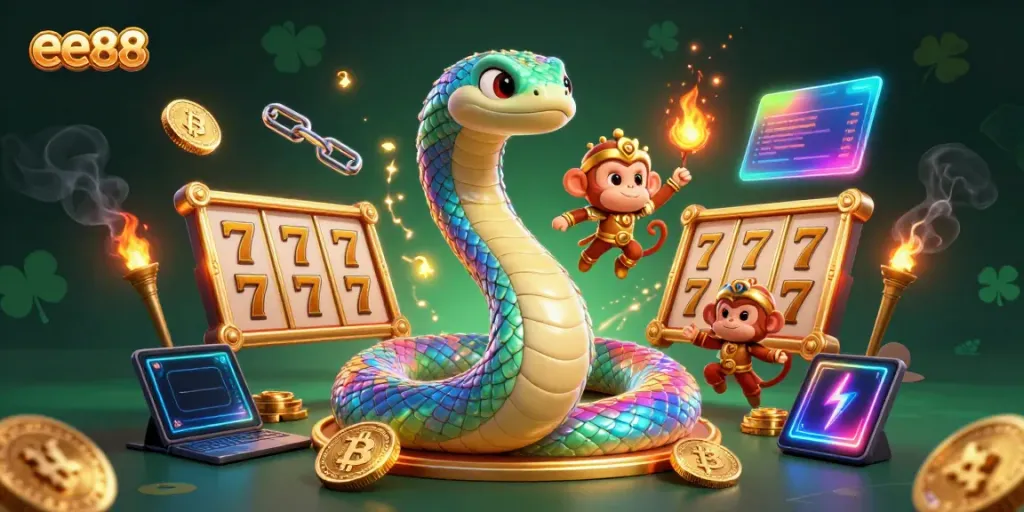 Experience magical wins with ee88, featuring a vibrant scene of casino elements and playful characters.