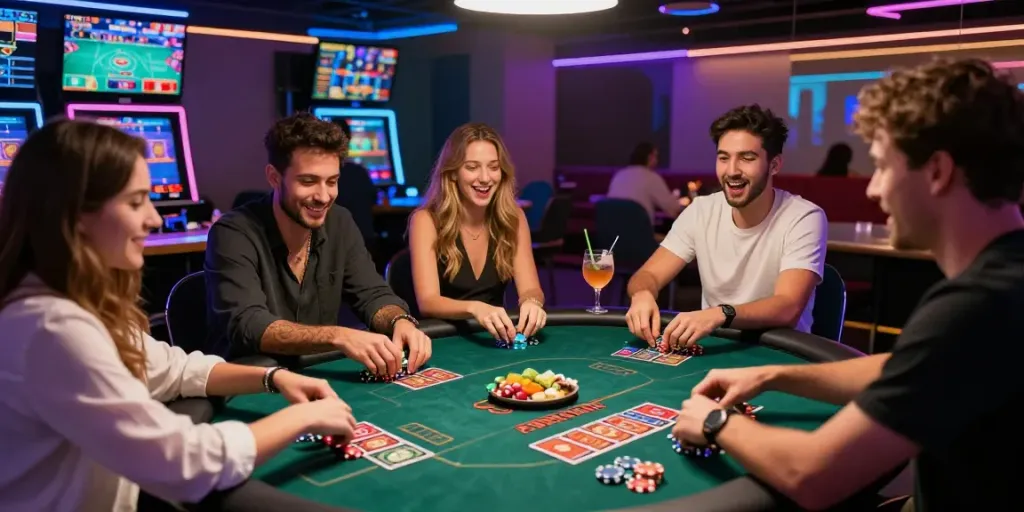 Friends enjoying the excitement of a Crypto Casino poker game with vibrant lights and cocktails.