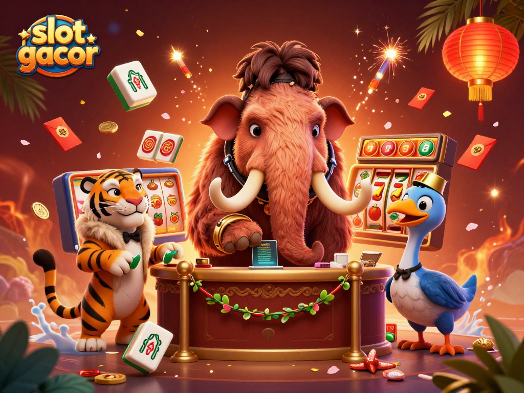 Slot gacor menampilkan bouncer mamut berbulu dengan dekorasi kasino yang ramai dan warna-warna cerah.