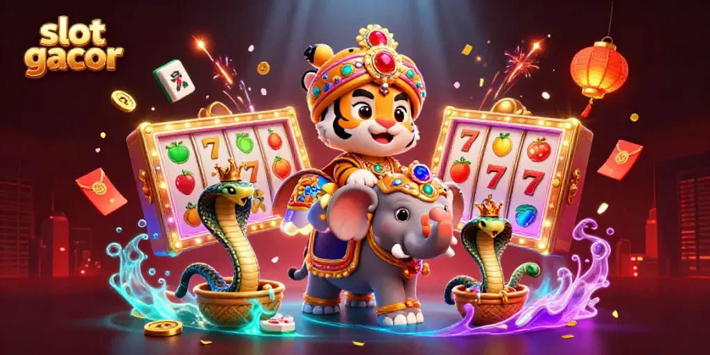 Engage with slot gacor illustrated by a maharaja tiger, a jewel elephant, and spinning slots.