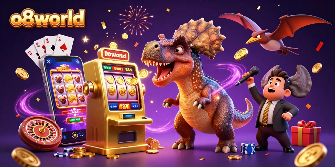 Experience excitement at o8world with a colossal pachycephalosaurus unlocking jackpot coins from a slot machine.