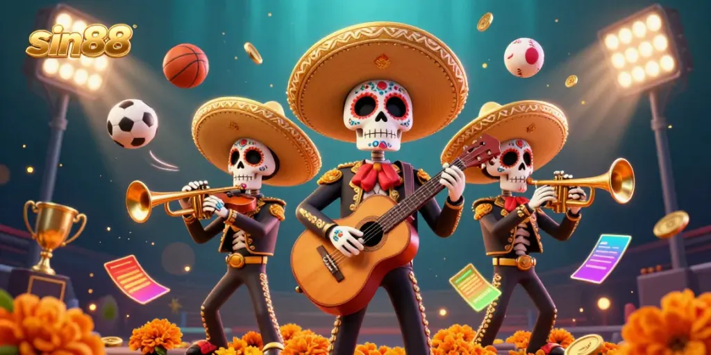 Experience vibrant gaming with sin88 featuring dynamic cartoon skeletons, sports balls, and golden trophy.