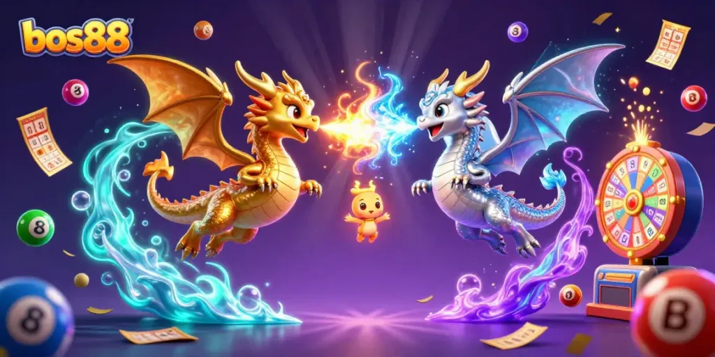 Bos88 showcases an exhilarating scene of twin dragons amidst vibrant casino elements, creating a dynamic gambling atmosphere.