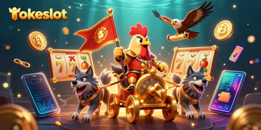 Experience the thrill of tokeslot with a cartoon rooster warlord in a dynamic casino scene filled with slot symbols.