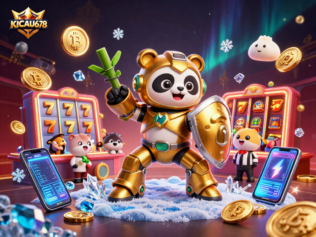 KICAU678 presents an exciting 3D casino scene with a mech-suit panda in golden armor and vibrant gaming symbols.