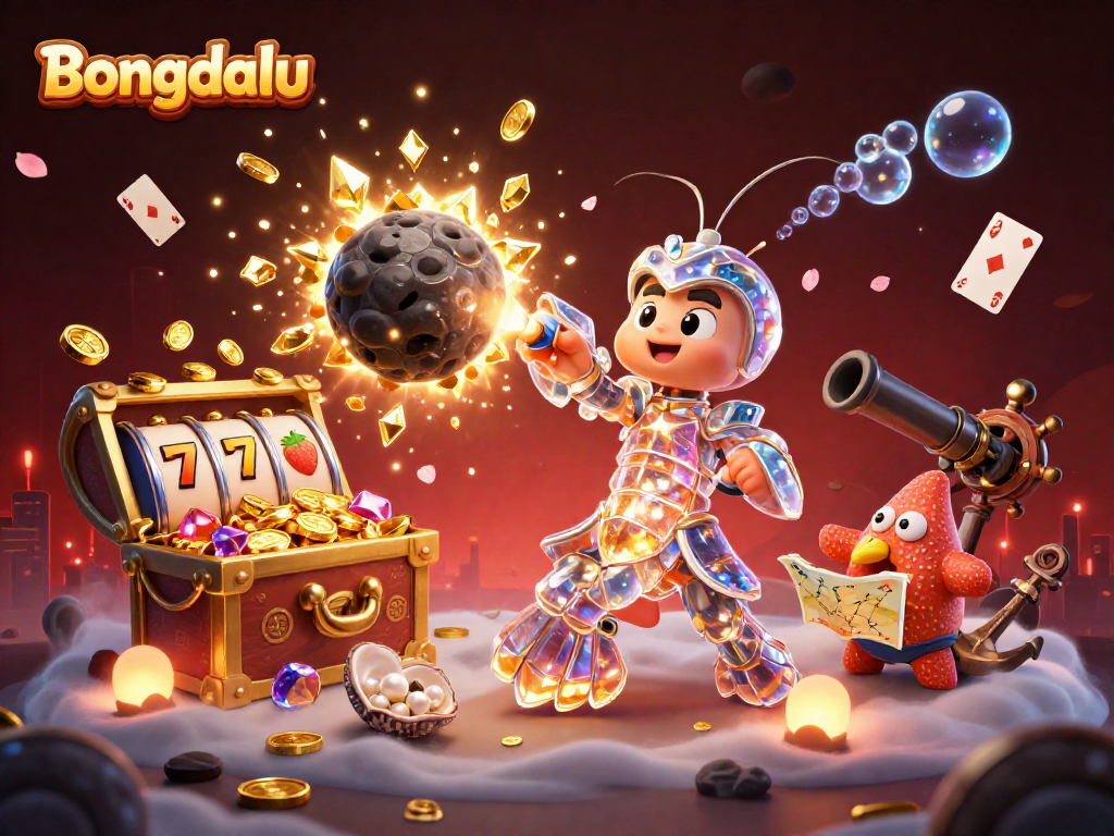 Bongdalu showcases a vibrant 3D illustration of a galactic mantis shrimp exploding an asteroid for riches in a dynamic casino scene.