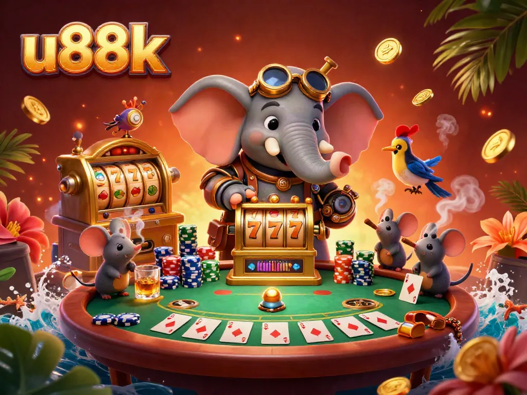 Join the excitement at u88k, featuring a steampunk elephant engineer and dynamic casino elements.