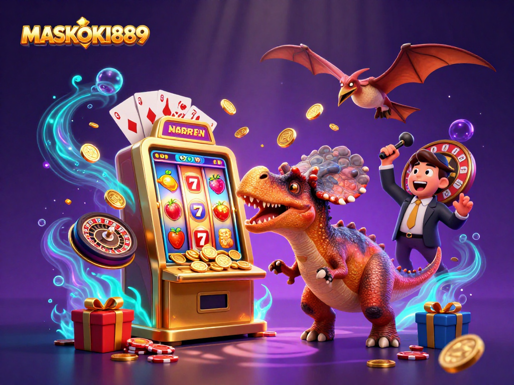 Engaging illustration of MASKOKI889 featuring dinosaurs amidst a jackpot chaos in a casino.