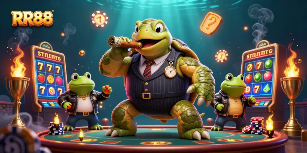Engage with RR88's thrilling casino experience featuring playful turtle and frog characters amidst dynamic slot game symbols.