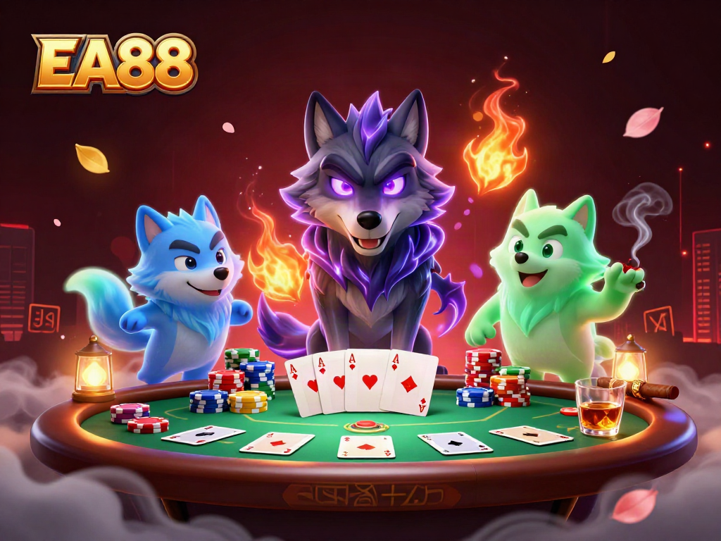 Bet on EA88 with ghostly wolves and vibrant casino elements in a dynamic poker setting.