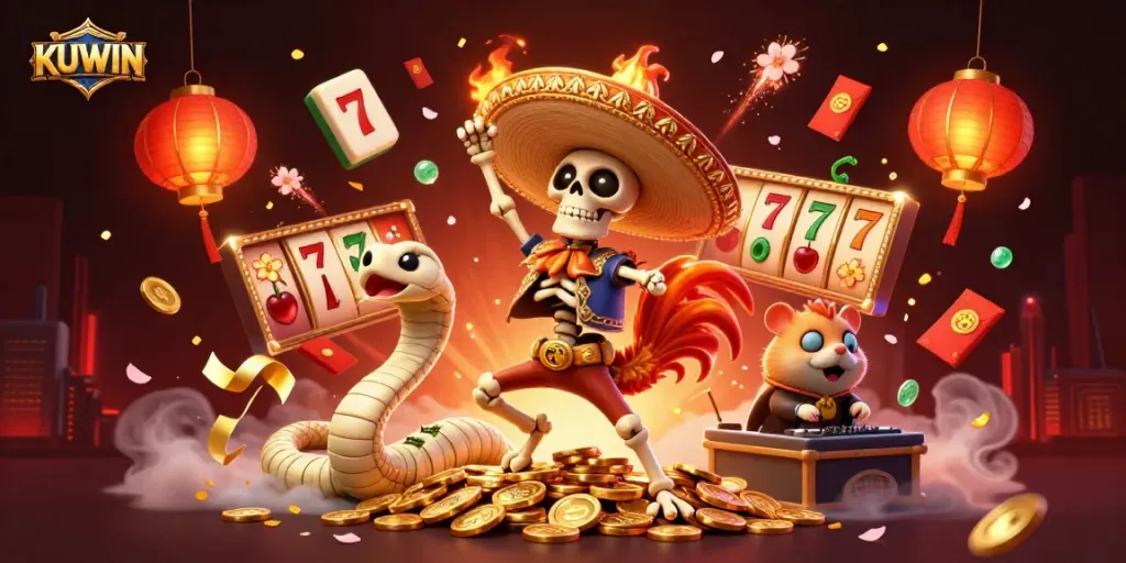 KUWIN spins lively slot reels, showcasing festive characters and golden coins in a vibrant casino scene.