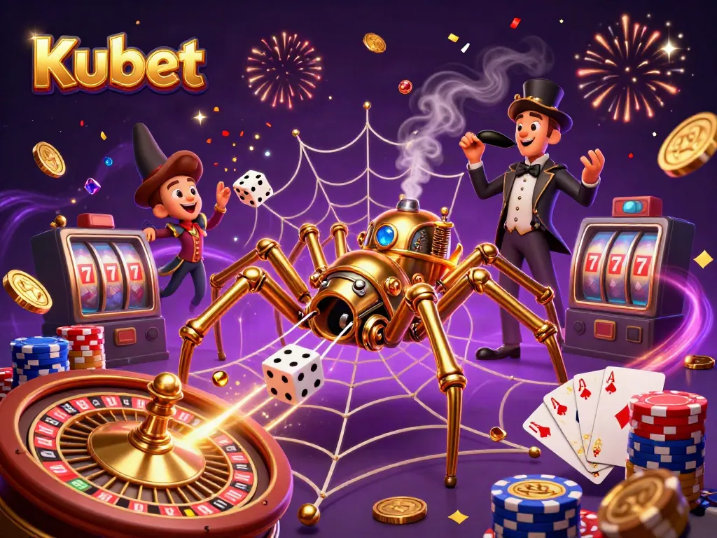 Kubet illustrates a vibrant 3D scene of a golden spider capturing dice while coins and cards celebrate the thrill of gambling.