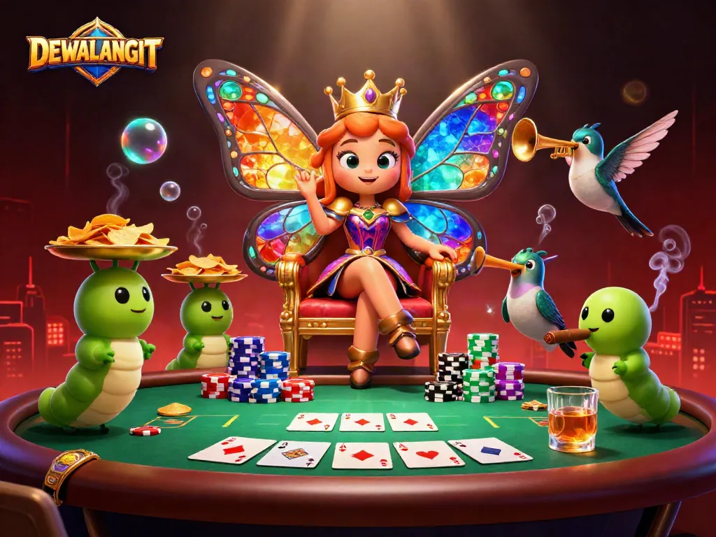DEWALANGIT menampilkan ratu kupu-kupu 3D yang megah di kasino virtual dengan banyak elemen permainan.