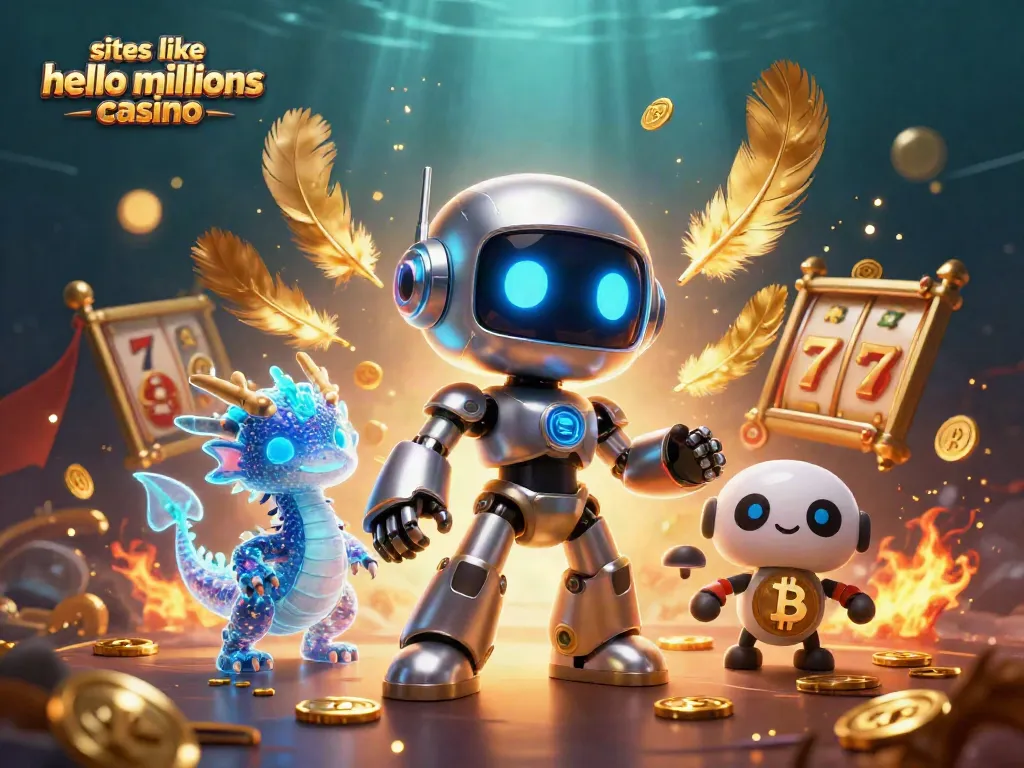Engage with sites like hello millions casino in a vibrant 3D gaming scene featuring robotic characters and slot elements.