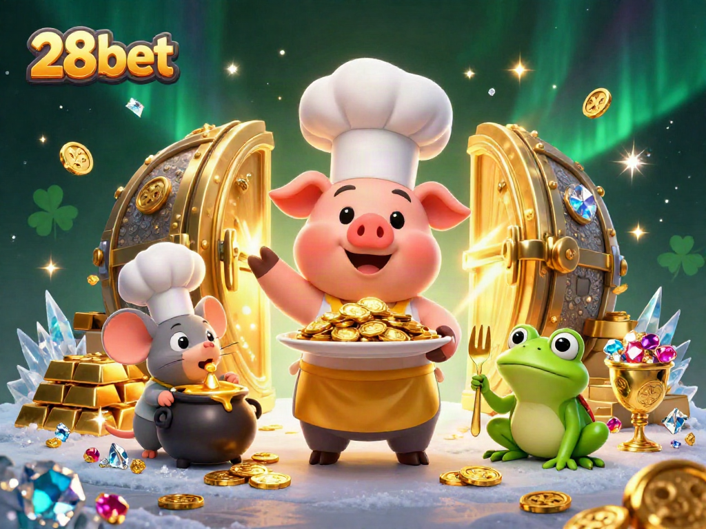Engage with 28bet's vibrant 3D illustration featuring a chef pig, sous-chef mouse, and critic frog amidst casino treasures.