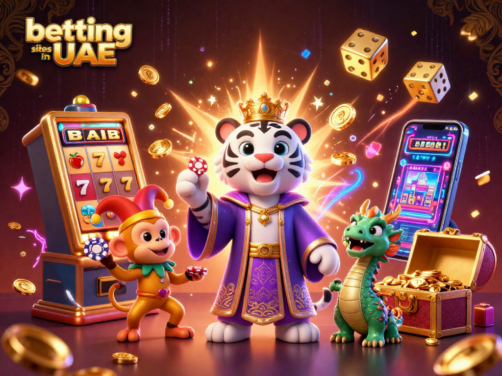 Betting sites in UAE illustration with a tiger, monkey, and jade dragon surrounded by casino elements.