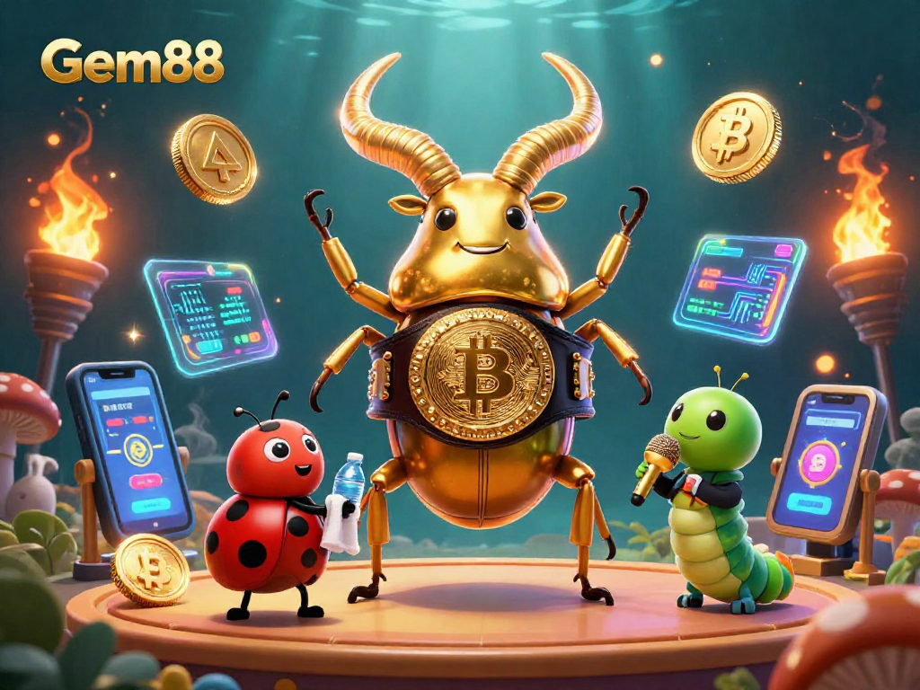 Bet on Gem88 with a vibrant scene of a golden stag beetle facing off in a crypto-themed casino.