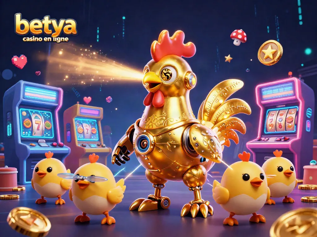 Engage with the vibrant scene of betya casino en ligne featuring a golden rooster robot and baby chick drones amidst dynamic game elements.