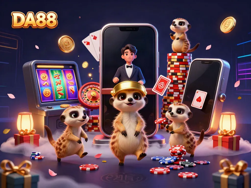 Engaging DA88 cartoon illustration of meerkats orchestrating a vibrant casino scene with dynamic game elements.