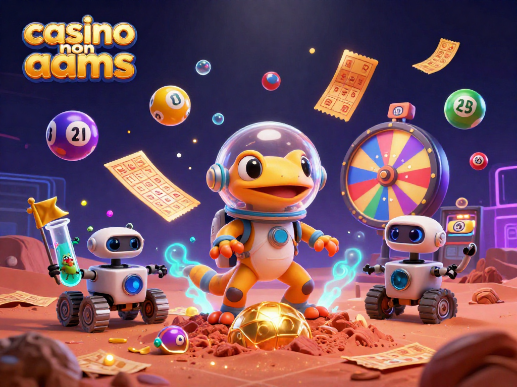 Una scena vibrante con casino non AAMS, un gecko marziano e palloni lotteria colorati.