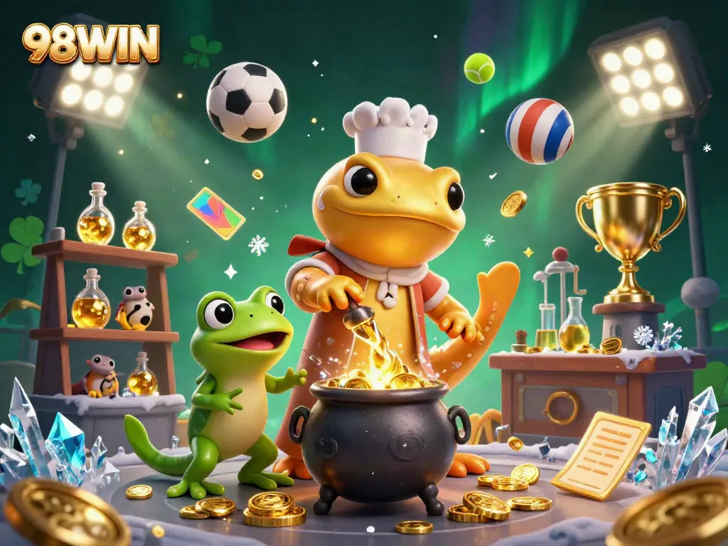 Win big at 98WIN while enjoying thrilling sports betting and gaming experiences with a vibrant illustration.