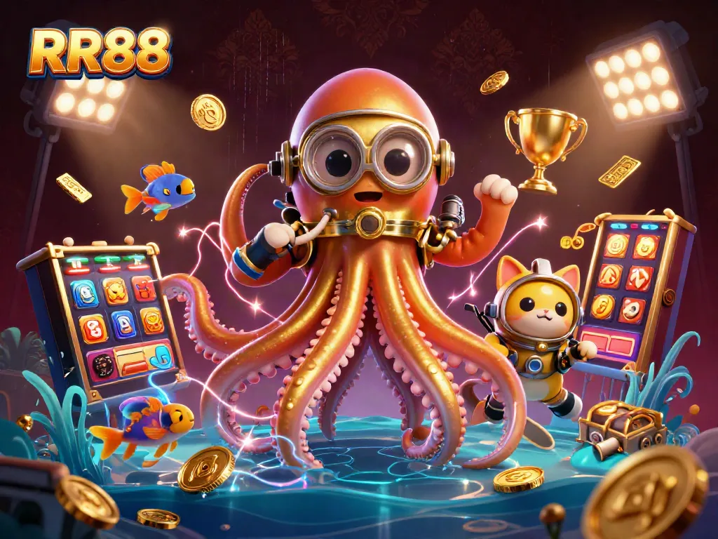 RR88 jackpot scene featuring a kraken, diving cat, and animated slot elements in a vibrant casino setting.