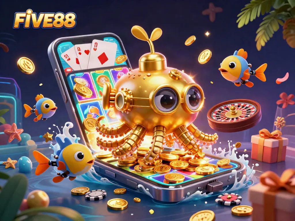 Engage with FIVE88's thrilling slots through a vibrant 3D illustration featuring golden kraken adventures.