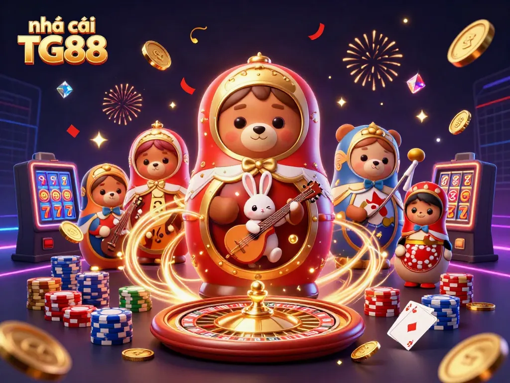 Play exciting games at nhà cái TG88 with vibrant casino elements in a festive scene.