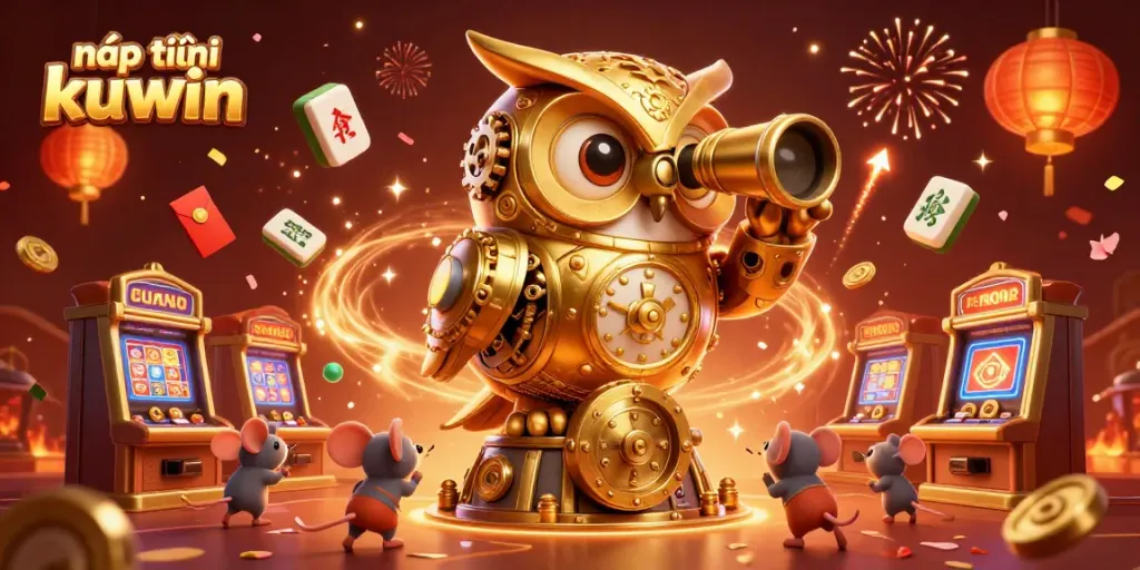 Engage in nạp tiền kuwin with a vibrant casino scene featuring a golden owl and dynamic elements.