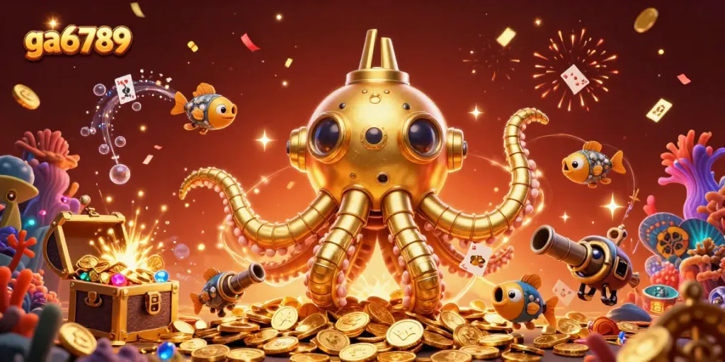 Experience the excitement of ga6789 with a magical underwater scene featuring a golden kraken and a wealth of treasures.