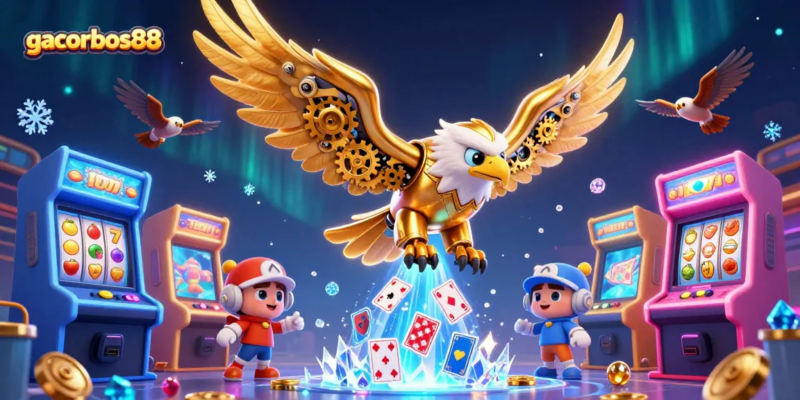 Experience thrilling wins with gacorbos88 in an exciting 3D casino scene filled with game elements.