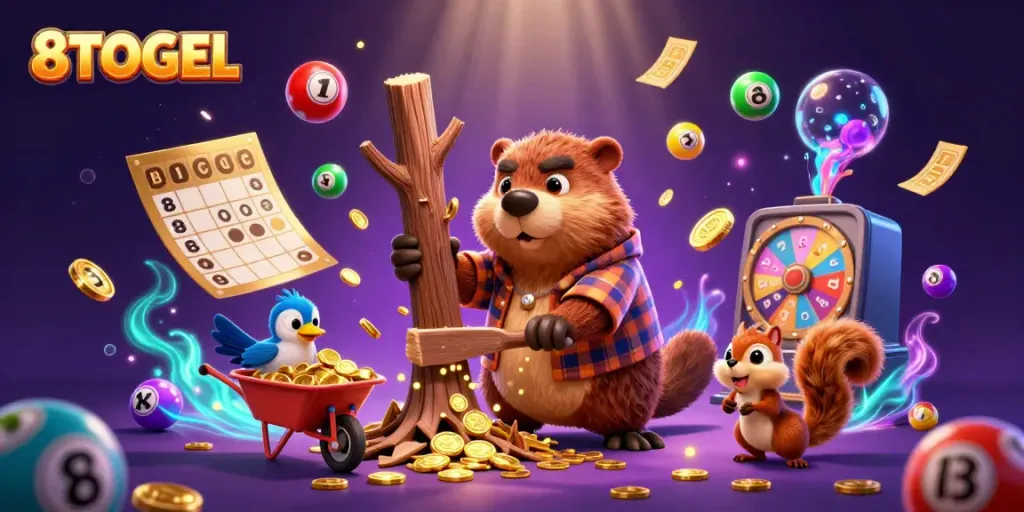 Experience thrilling gameplay at 8TOGEL with a vibrant casino scene featuring playful characters.