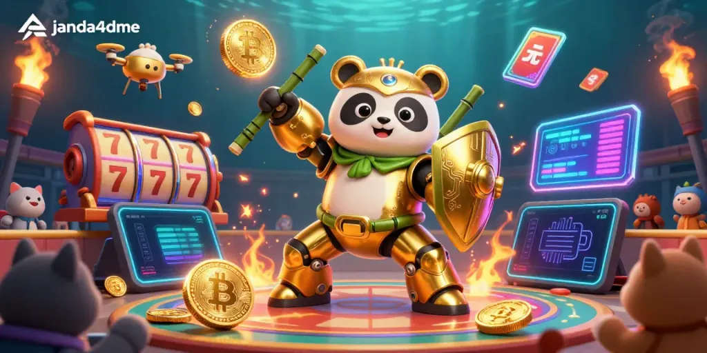 janda4dme menampilkan panda emas 3D dalam robot bertema kasino yang penuh semangat dan warna-warni dengan elemen slot dan cryptocurrency