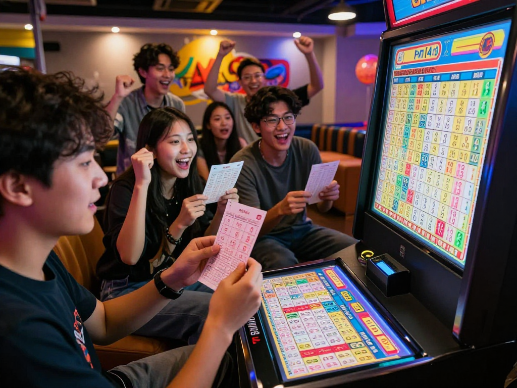 Suasana permainan lotere dengan penonton memeriksa nomor Toto 4D dan merayakan kemenangan di lounge modern.